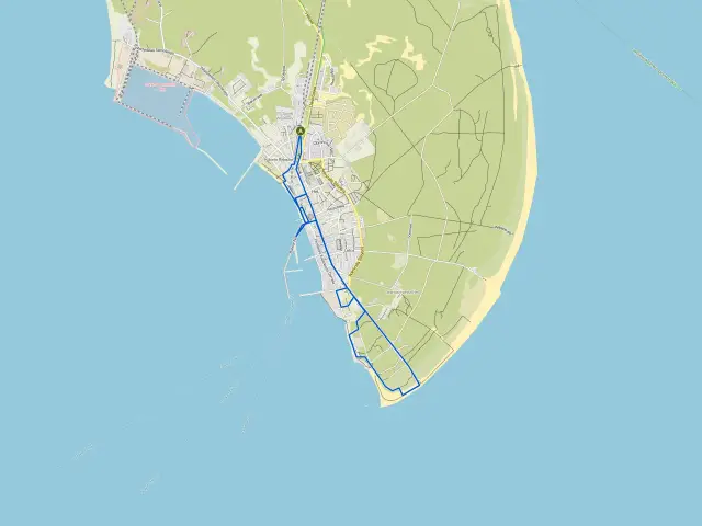 Mapa Helu z zaznaczoną trasą wycieczki rowerowej wzdłuż wybrzeża i przez miasto.